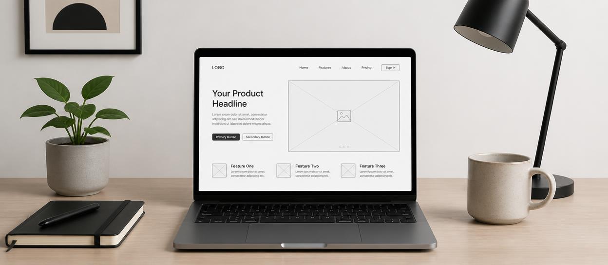 Minimal desk setup with a laptop showing a wireframe design